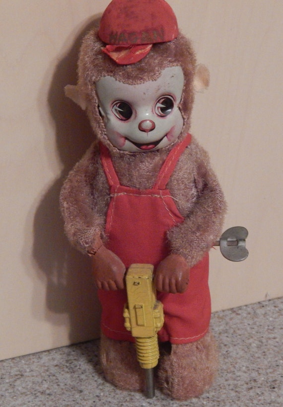 Items similar to Vintage Japan Tin Litho Windup Toy Monkey with Jackhammer works great on Etsy
