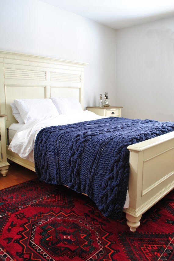 Items similar to Chunky Cable Knit Throw Blanket in denim blue Cabled