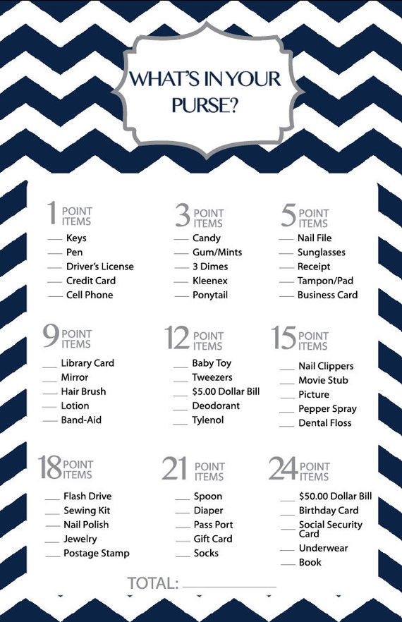 Bridal Shower Game Printable What's in Your Purse Purse