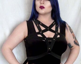 Nemesis Harness (pentagram harness, black elastic,optional spikes, adjustable size)