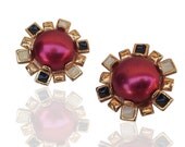 Studs earrings ,Cherry red  vintage earrings , Pierced round earrings