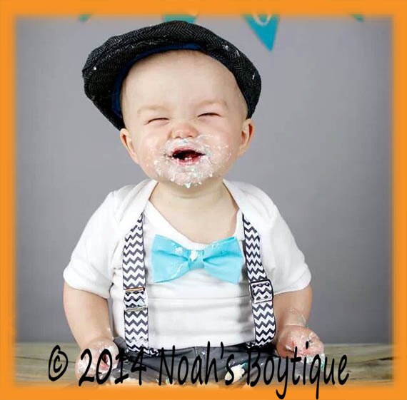 Baby Boy Cake Smash Outfit - Cake Smash Suspenders and Bow Tie - Grey Chevron and Aqua - First Birthday - Photo Shoot - Baby Boy Clothes by NoahsBoytiques