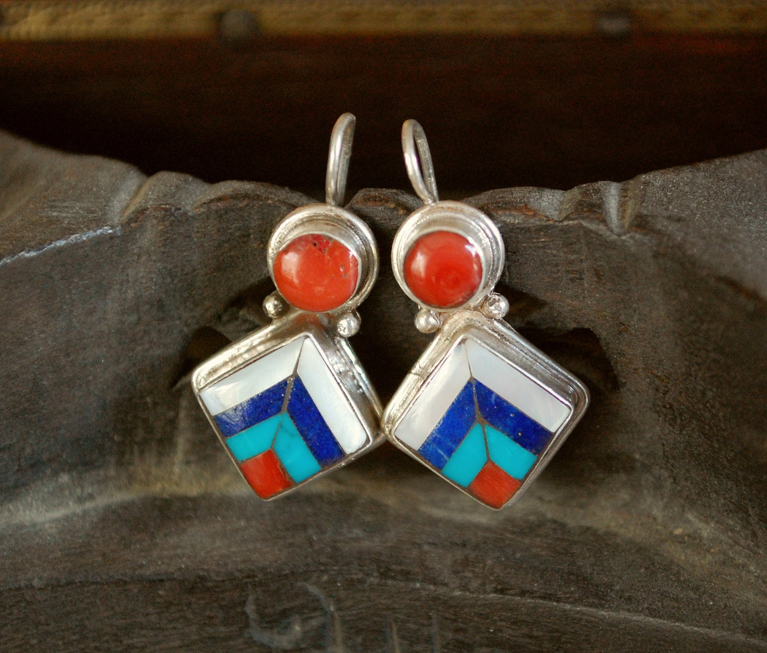 Zuni Multistone Inspired Inlay Earrings with Coral Lapis