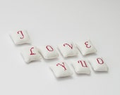 SET MAGNET "I love you"   handmade white linen with cross stitch red letter