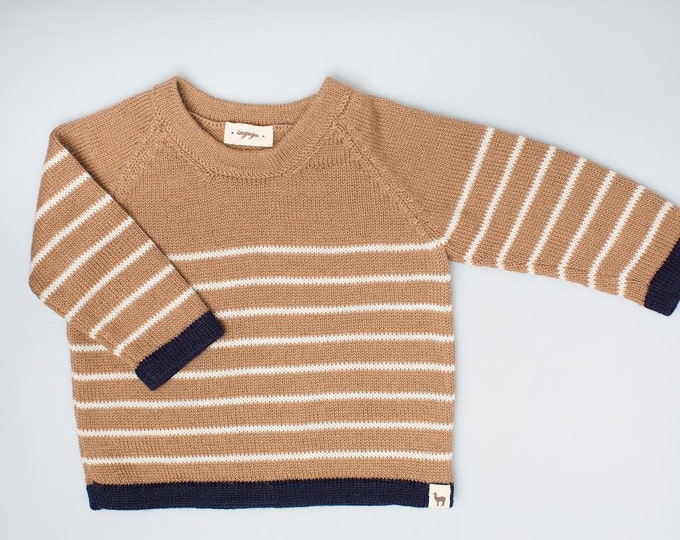 Kids knit pullover / baby alpaca wool camel brown and navy sweater / pullover / toddler / baby / girl / boy