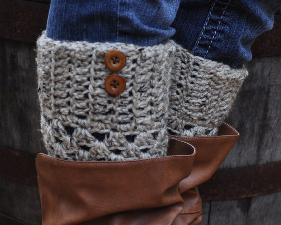 Crochet Boot Cuffs - Oatmeal with Buttons - Knit Leg Warmer Socks