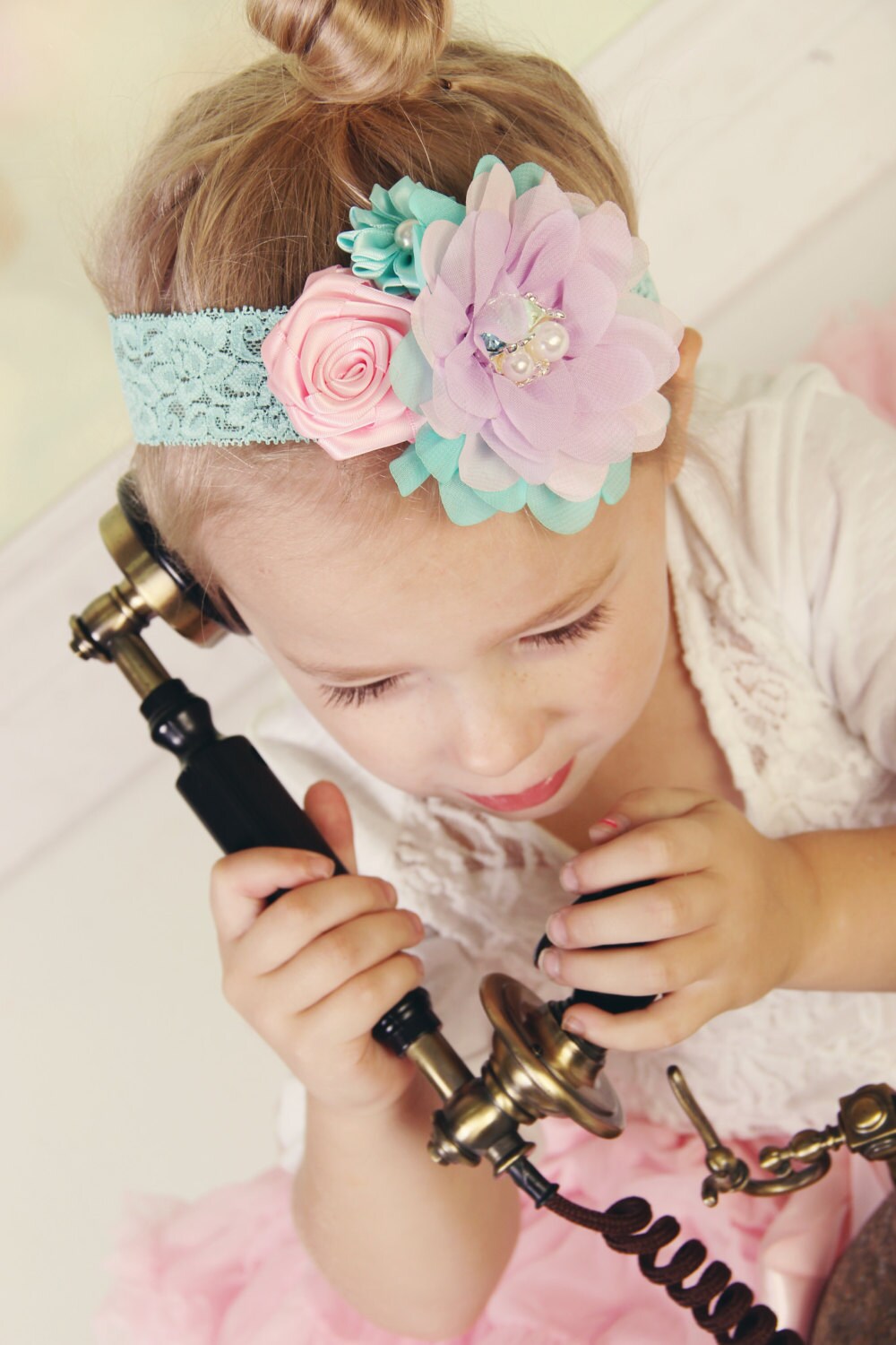 Pink Aqua Headband, Aqua Flower Headband, Pastel Baby Headband, Pink Baby Headband, Aqua Lace