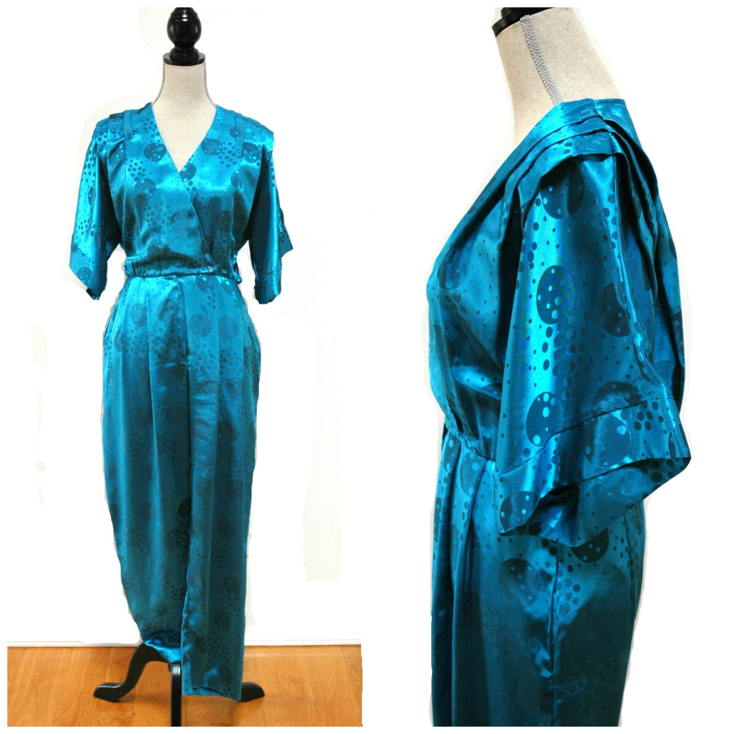 Turquoise Jumpsuit One Piece Pant Suit In A Satin Material 