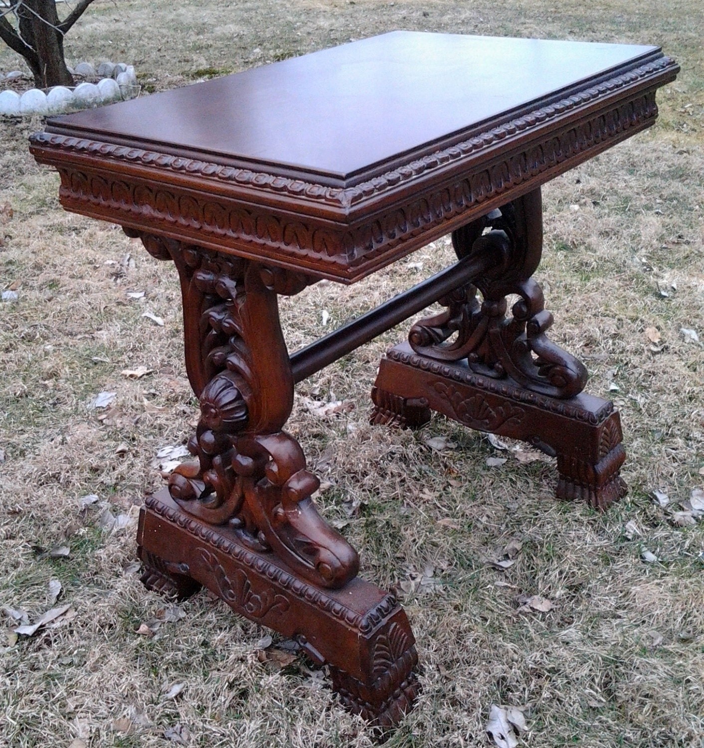 vintage ornate carved mahogany library table Renascence