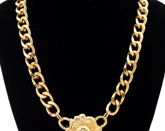Lion Head necklace, gold chain link lion head necklace, Versace style ...