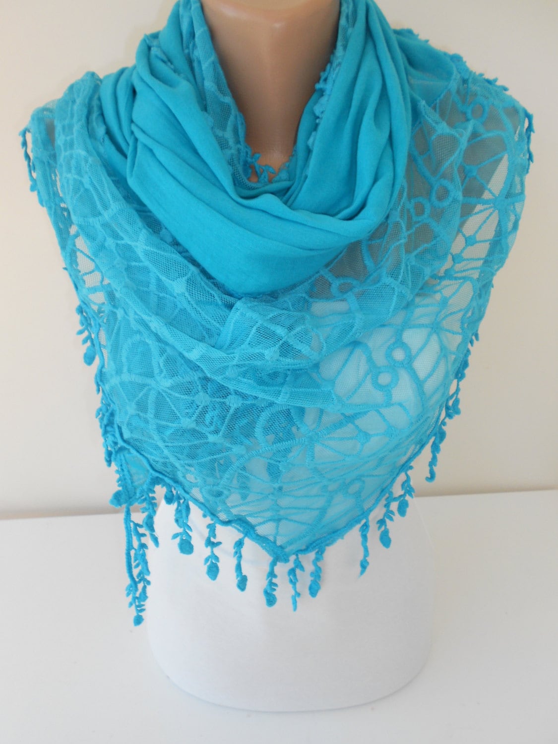 Valentines Gift For Her Blue Tulle Scarf Shawl Cotton by ScarfClub