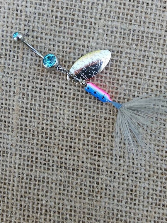 Blue & Pink Rooster Tail Fishing Lure Navel Belly Button Ring
