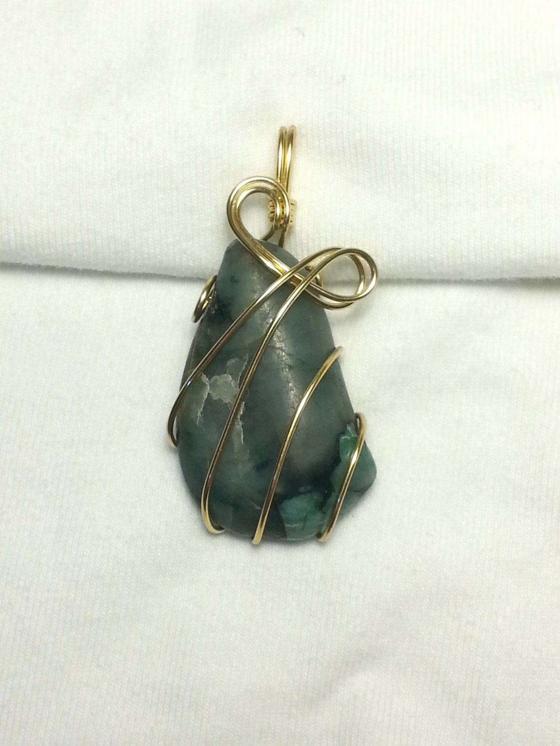 Raw Emerald Wire Wrapped Pendant with NonTarnish Brass