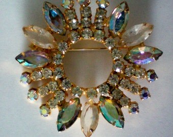 Aurora Borealis & Clear Rhinestone Wreath Pin - 2358