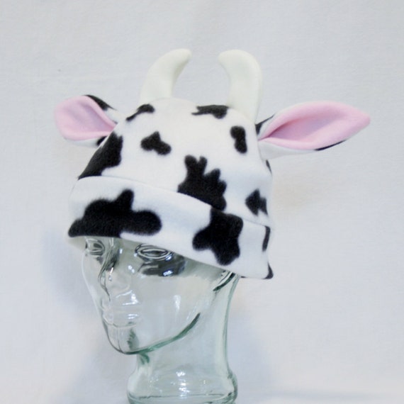 Fleece Cow Hat with Horns, Spotted Cow Hat, Fully Lined Fleece Hat
