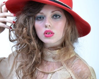 vintage 70s Red WIDE BRIM Hat | ANDRE Floppy Feather Felt Races Derby Hat | New Old Stock