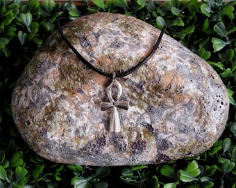 Handcast Pewter Ankh Necklace Egyptian Cross Pendant Cord Necklace Ankh Cross Protection Amulet Mens Jewelry Lucky Charm Gift for Him Her
