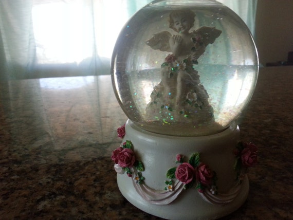 Vintage angel Snow Globe Music Box cherub figurine by likesteel