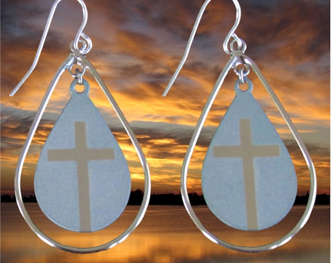 Silver Small Teardrop Cross Hoop Earrings Dangle Drop Womens Girls Christian Jewelry - Saint Michaels Jewelry