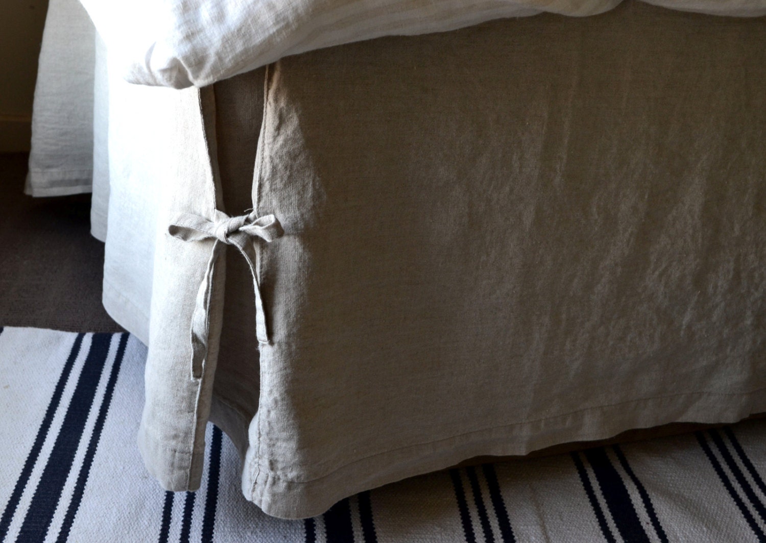 Box Pleated Linen Bedskirt With Ties. Dust ruffle. Valance.