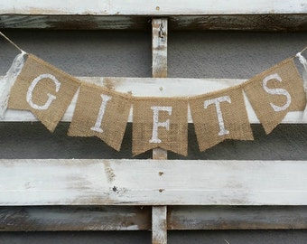 Gifts Burlap Banner, Gifts Sign, Rustic Wedding Decor, Gift Table Banner, Shower Decor, Reception Banner