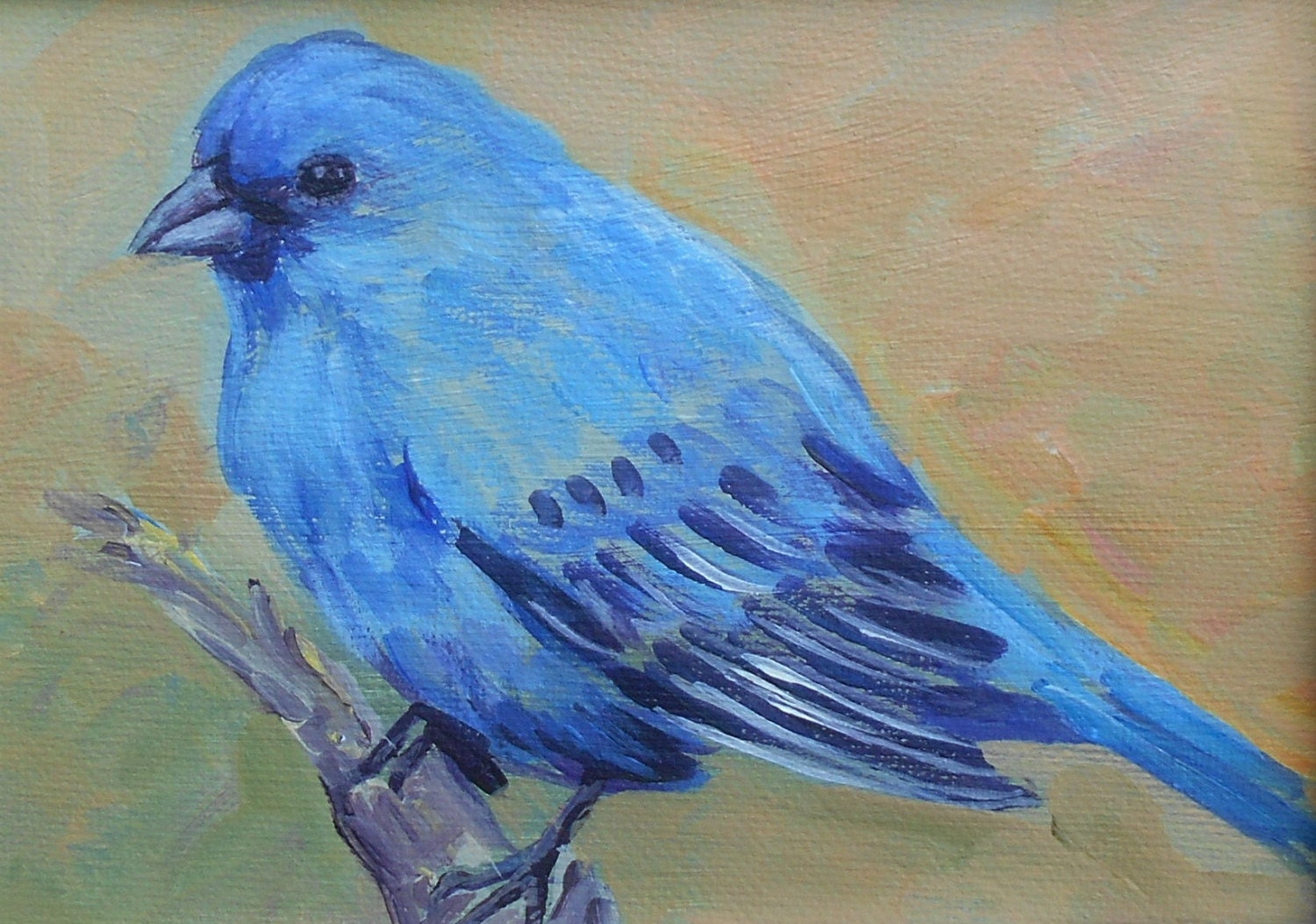 Original art painting Indigo bunting bird Blue bird Wall