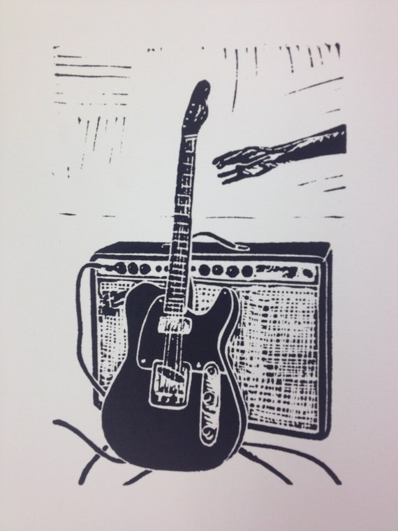 Guitar Print Linocut Relief Limited Edition Handmade Music