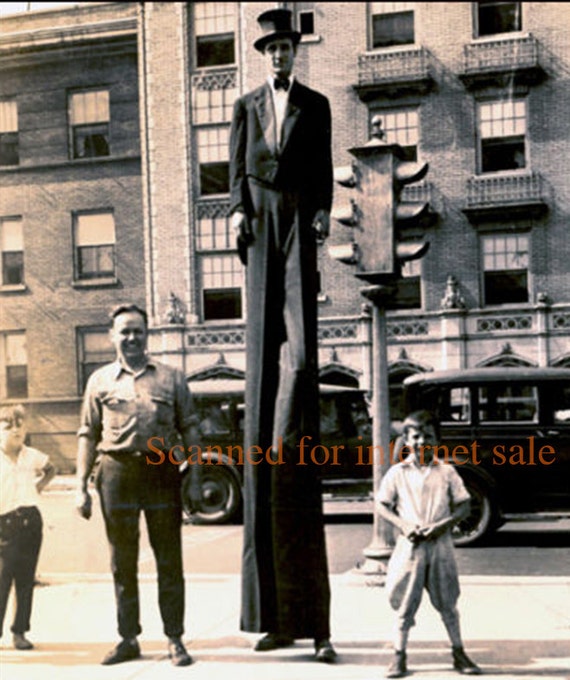 Rare Photo MAN on STILTS Circus Tuxedo Vintage Traffic