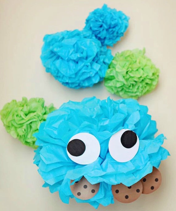 Cookie Monster High Paper Pom Pom  Cookie Monster Birthday Chevron Banner Cake Smah
