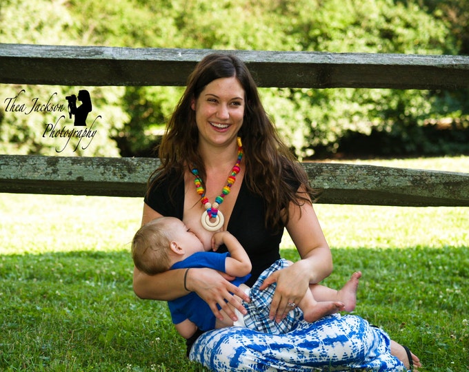 Breastfeeding Nursing Necklace, Teething Necklace, Babywearing Necklace, Fabric Necklace, Mothers Day Gift - Double Ring - Rainbow