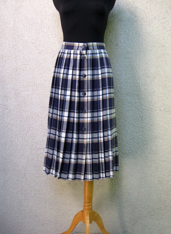 Navy Blue Beige Plaid Pleated Skirt Midi Checkered Full Skirt