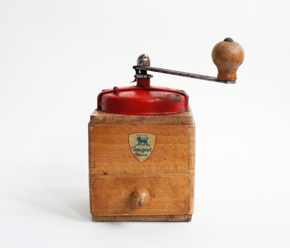 vintage French coffee grinder, Peugeot coffee mill, red, French kitchen decor, vintage French decor, rustic antique wooden coffee grinder