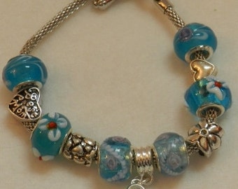 European Style Charm Bracelet in tones of Blues V2318