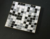 Wonderful Vintage Black White and Gray Mosaic Tile Plate / Tray with Gold Tone Metal Rims and Back - Great Mid-Century Style