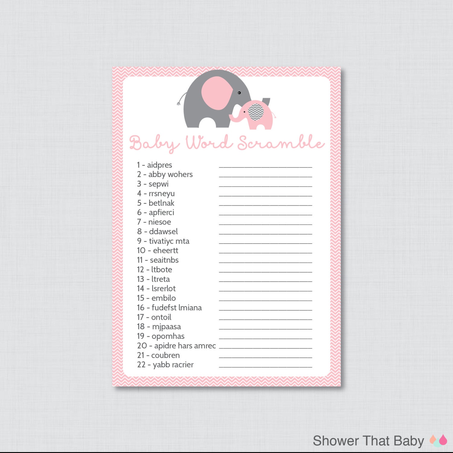 Elephant Baby Shower Word Scramble Game Printable Instant