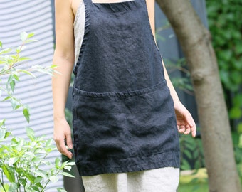 Linen criss-cross apron/pinafore/no-ties apron/Japanese apron - Short (Black)