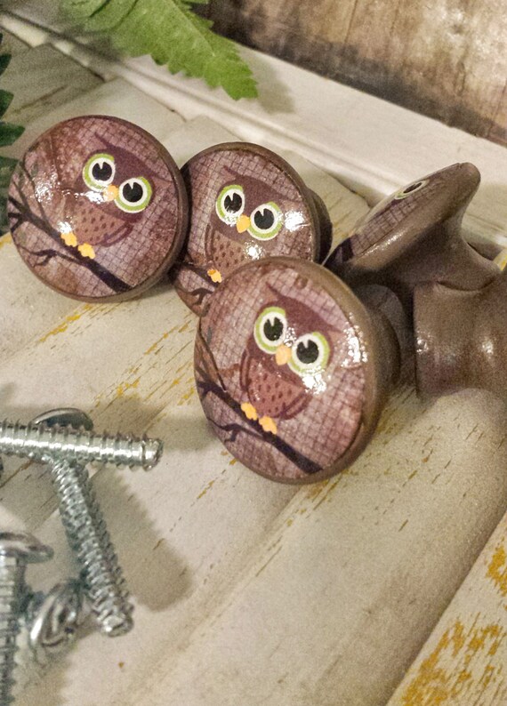 Handmade Knobs Drawer Pulls, Hoot Owl On Branch, Bird Pull