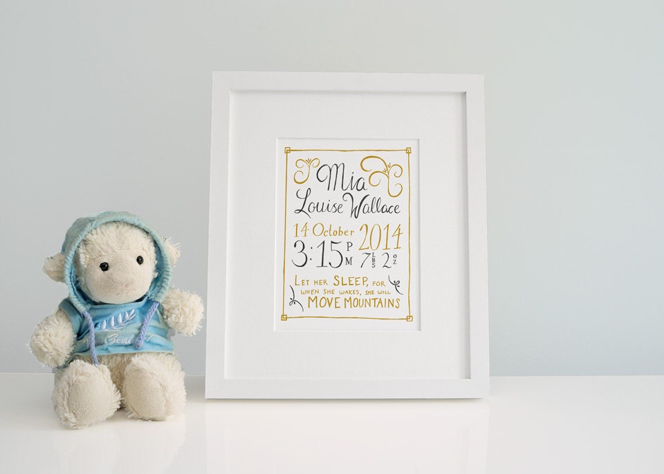 Personalised Hand Lettered Print Birth Announcement Baby