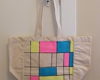 Neon Mondrian-style canvas tote bag