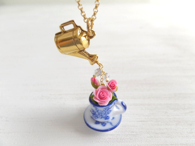 Flowers In a Teacup Jewelry Necklace English Blue Teacup