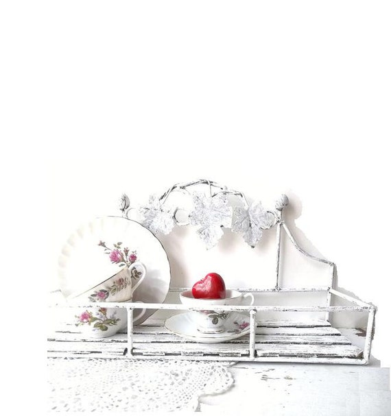 wood brush tree bottle Wrought Wall CHic Cottage Iron Wood French WHite. White Shabby Shelf.