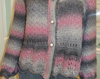LADIES KNIT SWEATER : Designer Knit style Sweater , size medium, variegated,sparkling, worsted weight yarn, charcoal, grey and pink