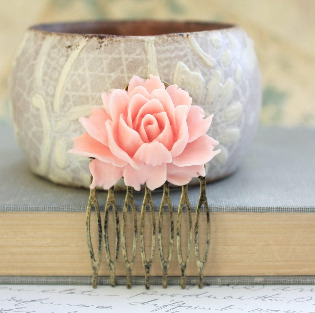 Pink Rose Comb Romantic Floral Comb Metal Hair by apocketofposies