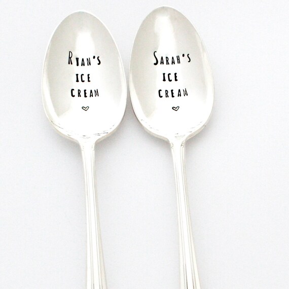 CUSTOM ice Cream Spoon set. Vintage hand stamped spoons by