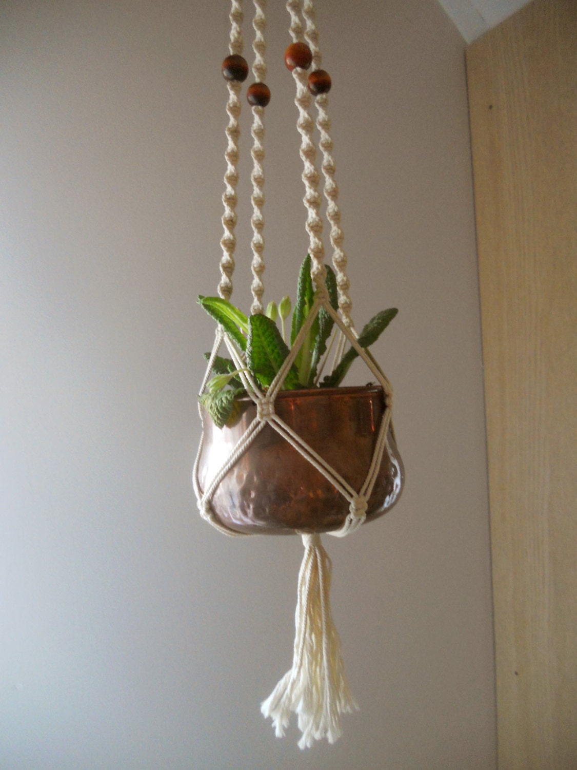 Vintage macrame plant hanger White Macrame flower pot holder