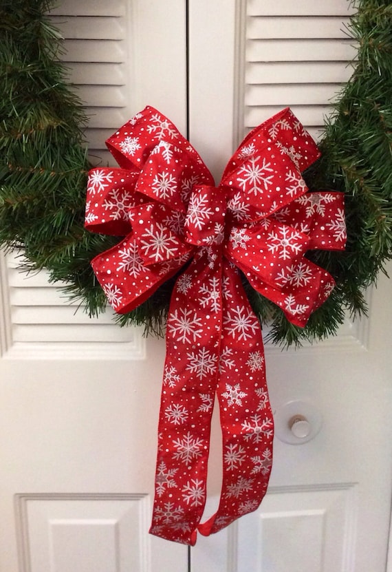 Items similar to Christmas Wreath Bow Handmade/ Red Glittered Snowflake