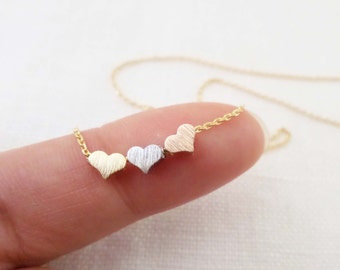 Tiny 3 hearts necklaces, gold, silver, and rose gold hearts on gold or silver chain...daint, simple, birthday, wedding, bridesmaid jewelry