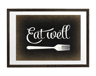 Kitchen art. Eat well. Kitchen print kitchen wall art Kitchen decor kitchen poster Eat well print Black and white print UK