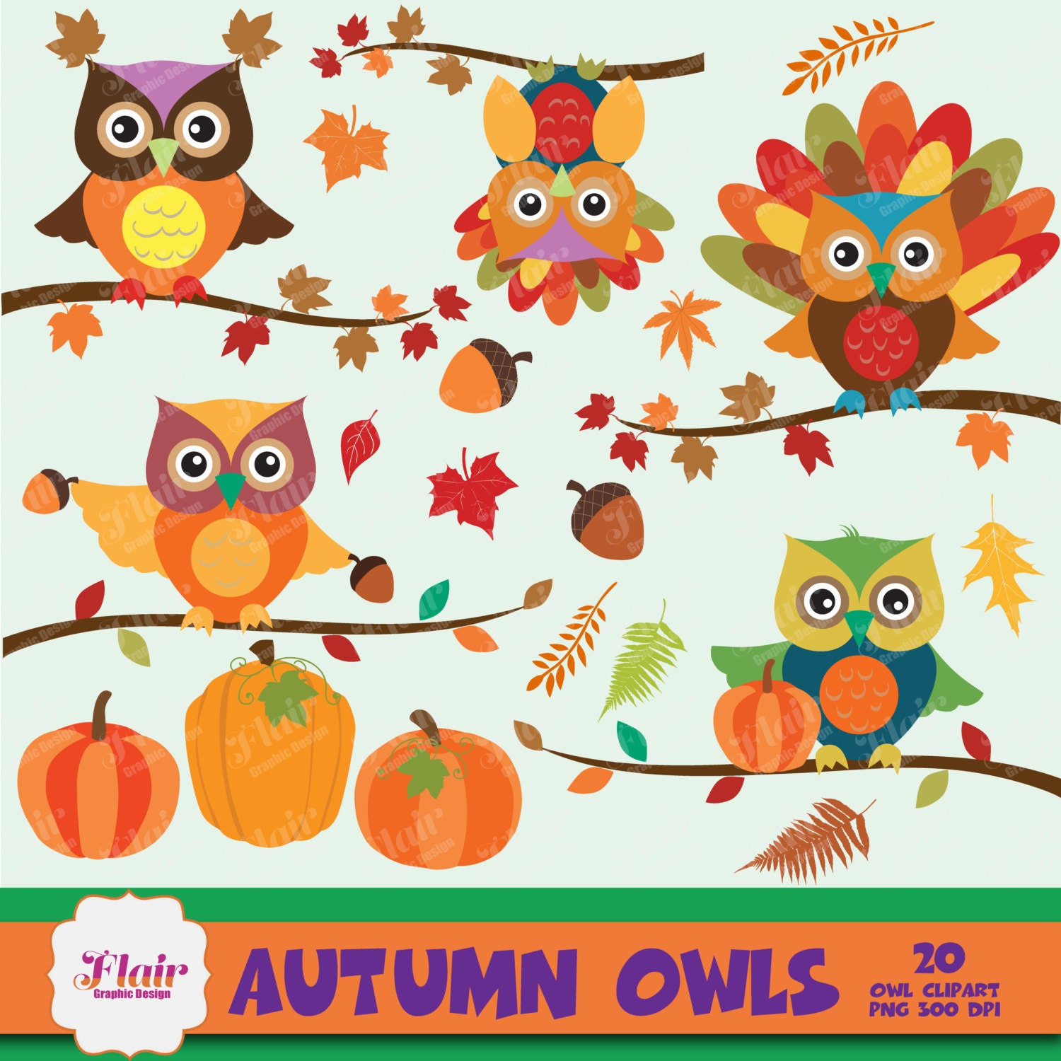AUTUMN OWLS Digital Clipart, Pumpkin, Fall Colors ...