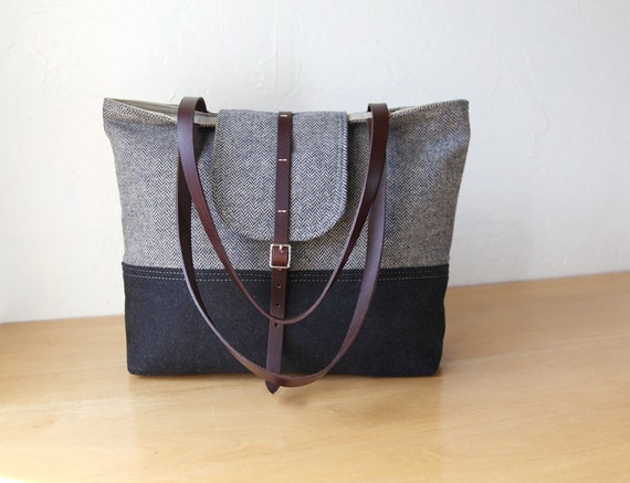 2-Tone Tote in Herringbone Wool and Leather // Charcoal Gray // Organic Cotton Canvas Lining